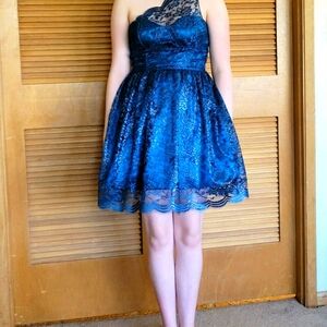 Blue Lace Asymmetrical Prom Dress Juniors 3 XS